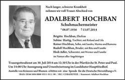 Traueranzeige Adalbert Hochban