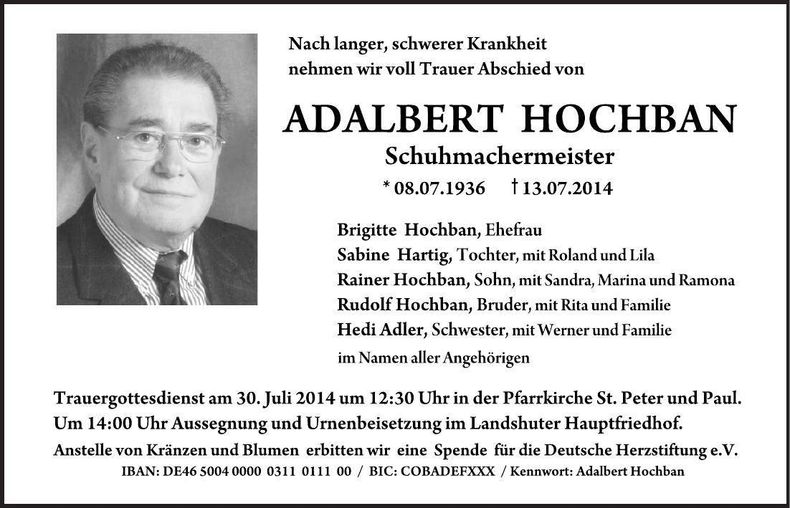 Traueranzeige Adalbert Hochban
