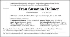 Traueranzeige Susanna Holmer
