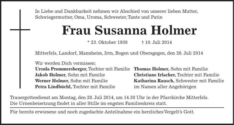 Traueranzeige Susanna Holmer