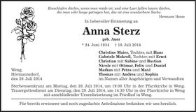 Traueranzeige Anna Sterz