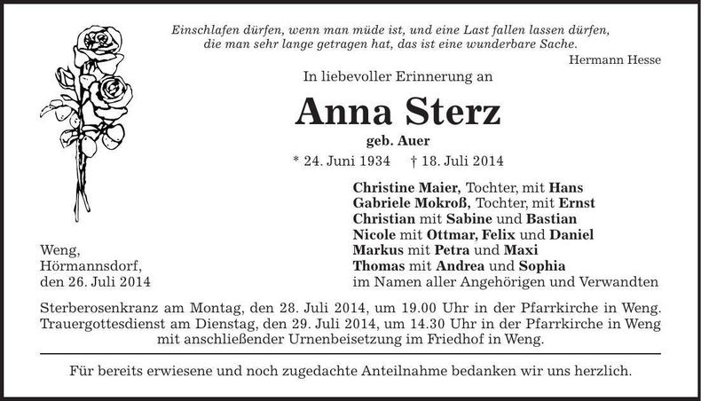 Traueranzeige Anna Sterz