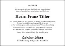 Traueranzeige Franz Tiller