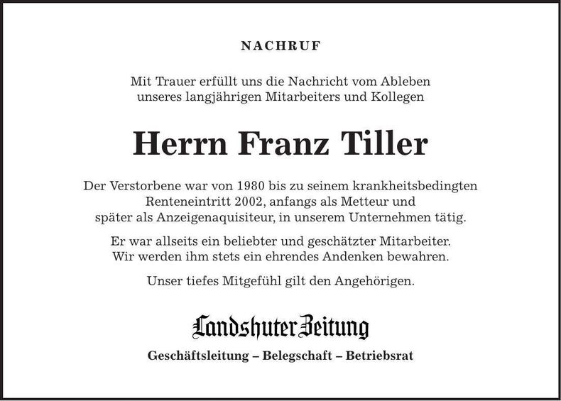 Traueranzeige Franz Tiller