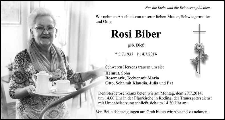 Traueranzeige Rosalie Biber