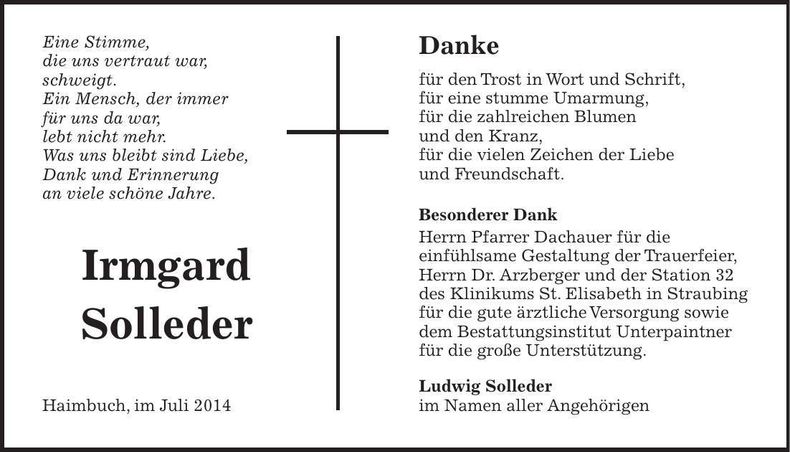 Traueranzeige Irmgard Solleder
