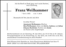 Traueranzeige Franz Weilhammer