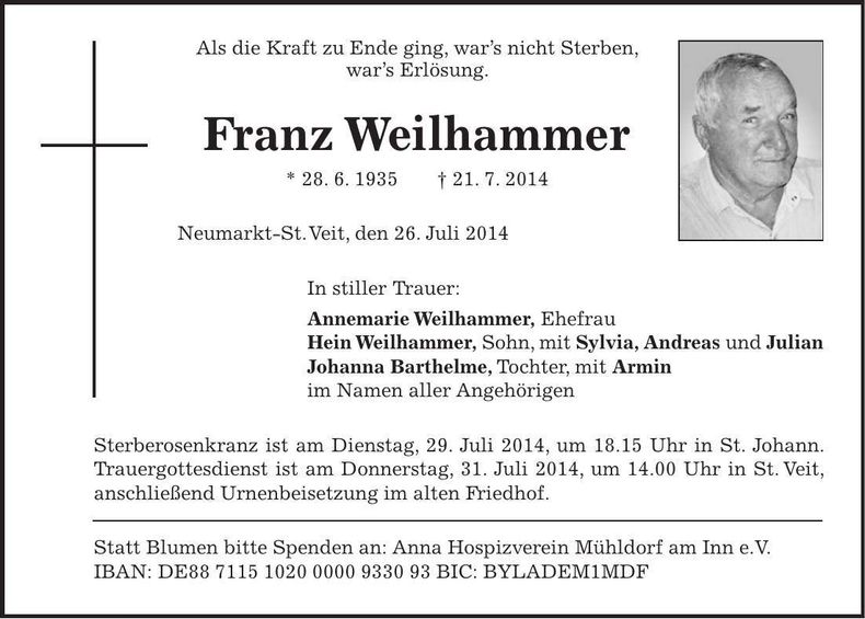 Traueranzeige Franz Weilhammer