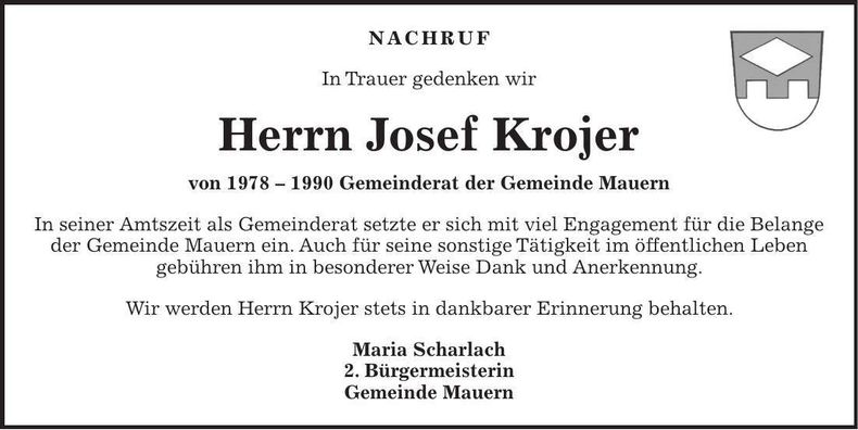 Traueranzeige Josef Krojer