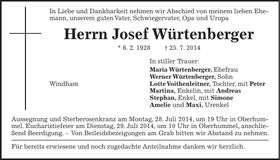 Traueranzeige Josef Würtenberger