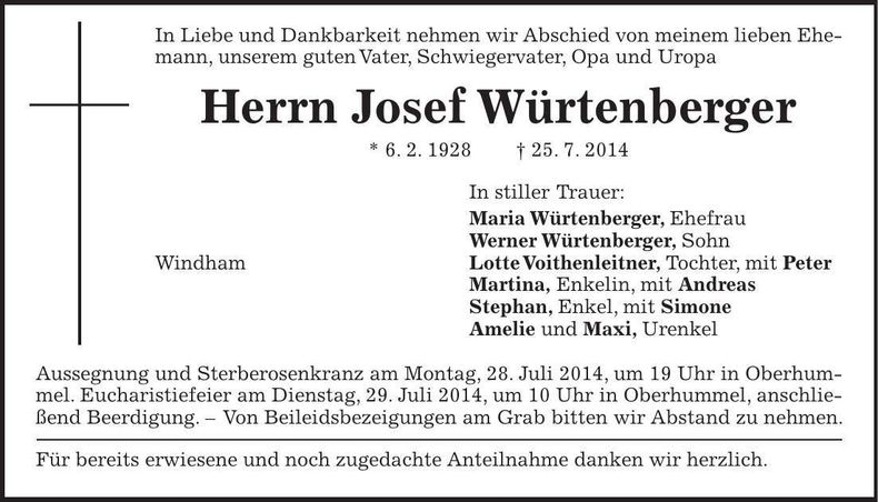 Traueranzeige Josef Würtenberger