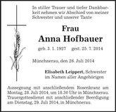 Traueranzeige Anna Hofbauer