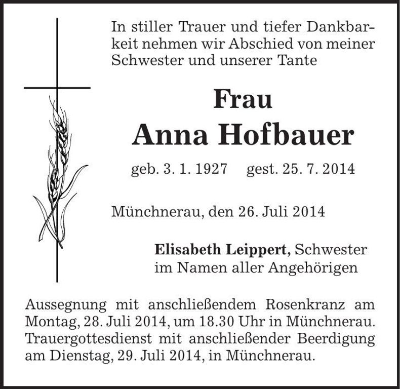 Traueranzeige Anna Hofbauer
