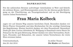 Traueranzeige Maria Kolbeck