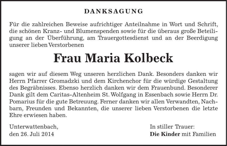 Traueranzeige Maria Kolbeck