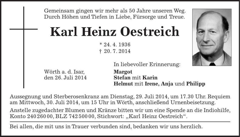 Traueranzeige Karl Heins Oestreich
