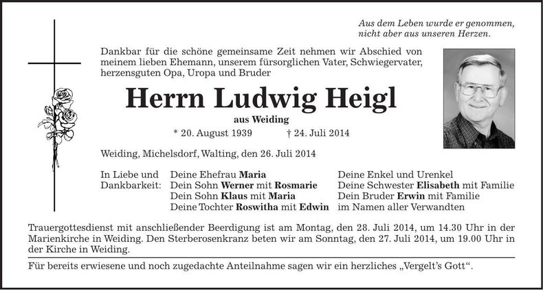 Traueranzeige Ludwig Heigl