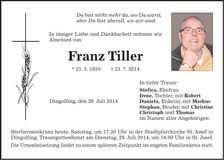Traueranzeige Franz Tiller