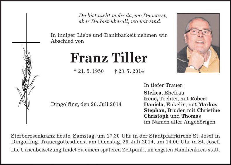 Traueranzeige Franz Tiller
