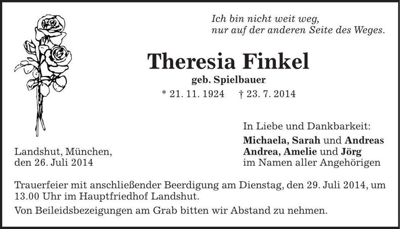 Traueranzeige Theresia Finkel