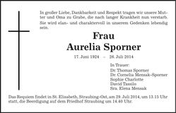 Traueranzeige Aurelia Sporner