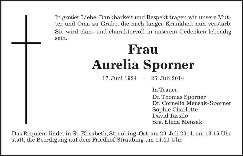 Traueranzeige Aurelia Sporner