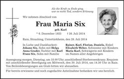 Traueranzeige Maria Six