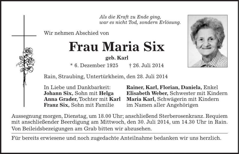Traueranzeige Maria Six