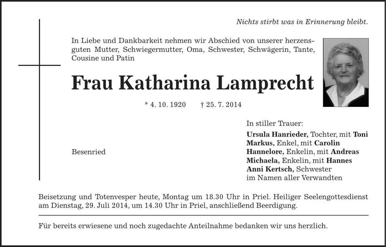Traueranzeige Katharina Lamprecht