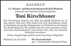 Traueranzeige Toni Kirschbauer