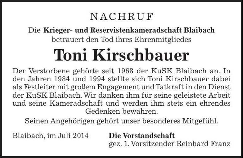 Traueranzeige Toni Kirschbauer