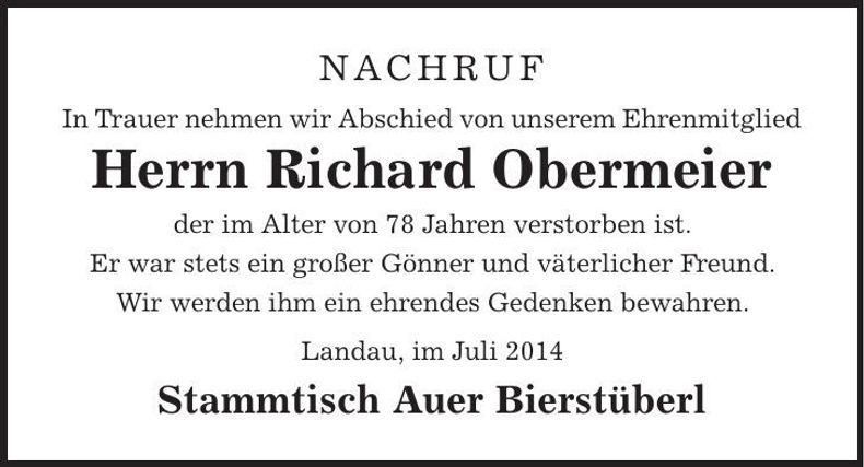 Traueranzeige Richard Obermeier