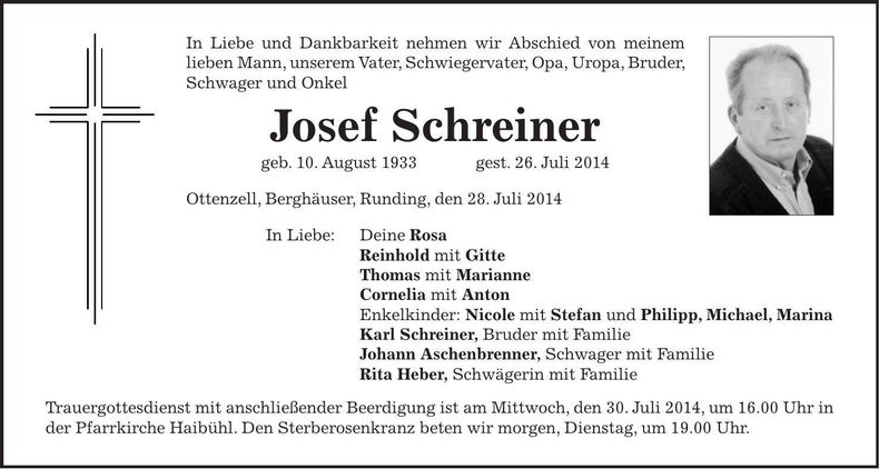 Traueranzeige Josef Schreiner
