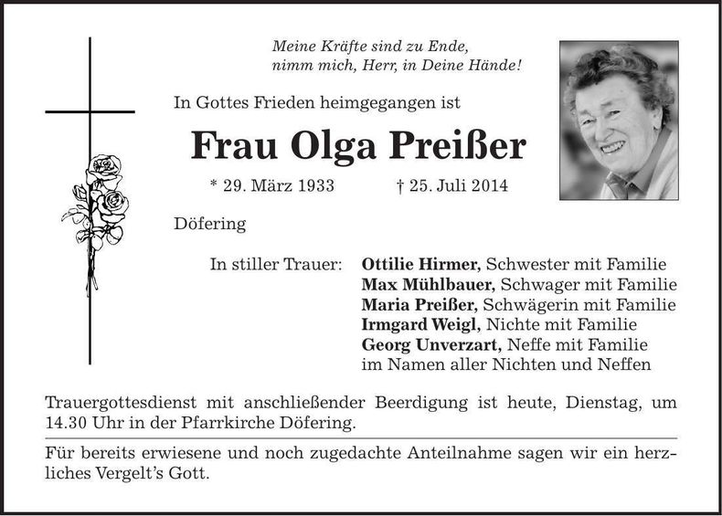 Traueranzeige Olga Preißer