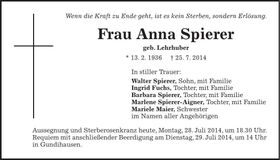 Traueranzeige Anna Spierer