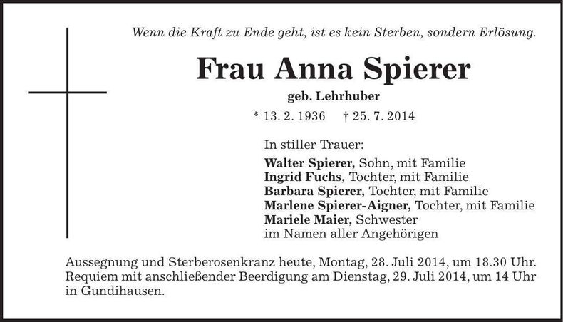 Traueranzeige Anna Spierer