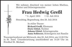 Traueranzeige Hedwig Greßl