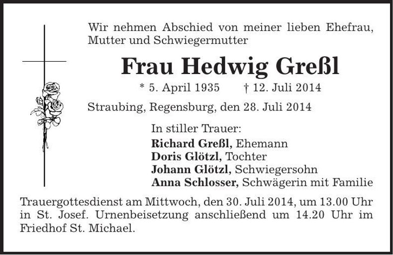 Traueranzeige Hedwig Greßl