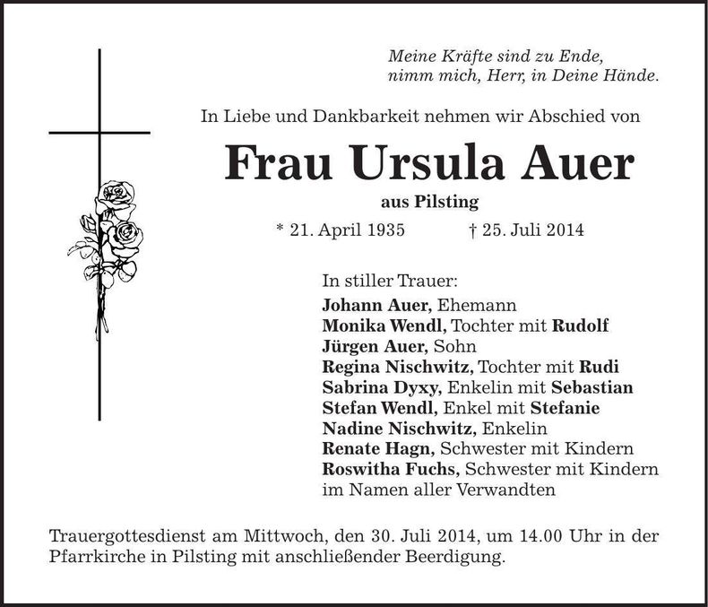 Traueranzeige Ursula Auer
