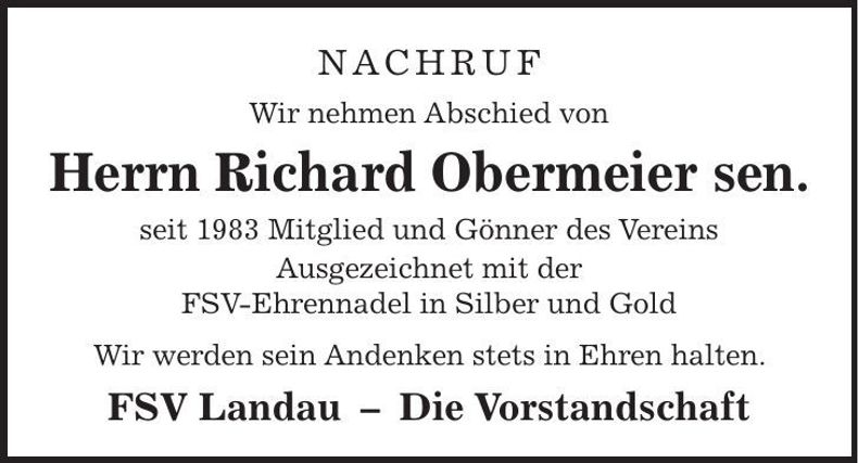 Traueranzeige Richard Obermeier