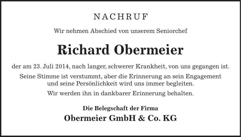 Traueranzeige Richard Obermeier