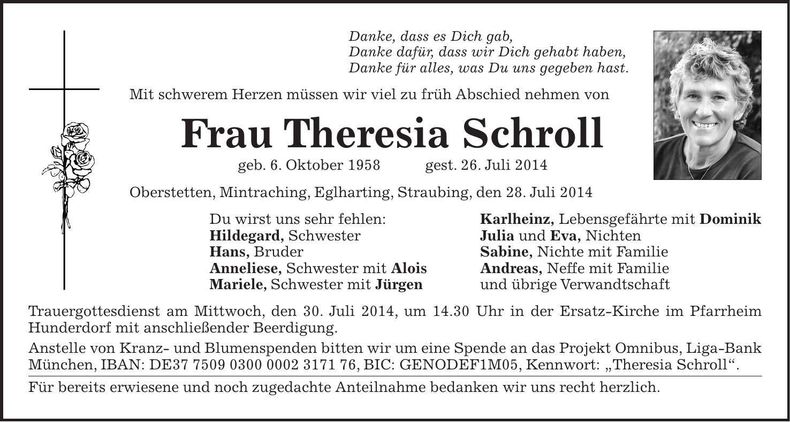 Traueranzeige Theresia Schroll