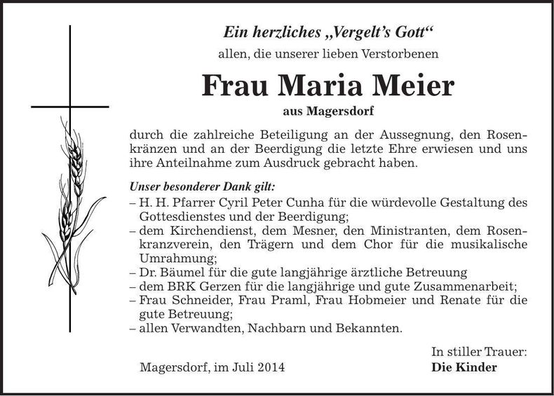Traueranzeige Maria Meier