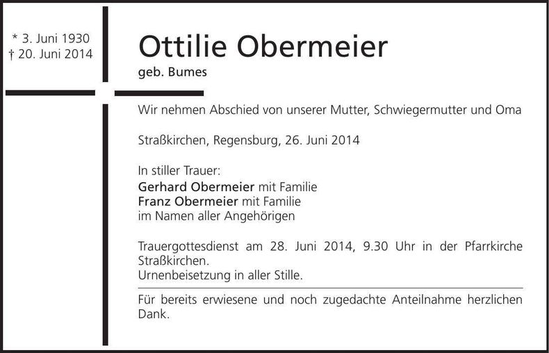 Traueranzeige Ottilie Obermeier