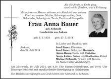 Traueranzeige Anna Bauer