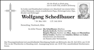 Traueranzeige Wolfgang Schedlbauer