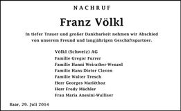 Traueranzeige Franz Völkl
