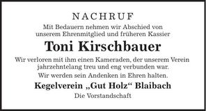 Traueranzeige Toni Kirschbauer