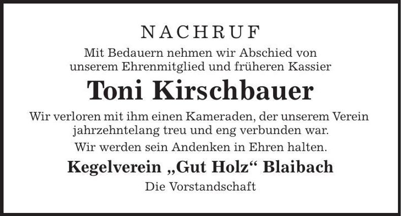 Traueranzeige Toni Kirschbauer
