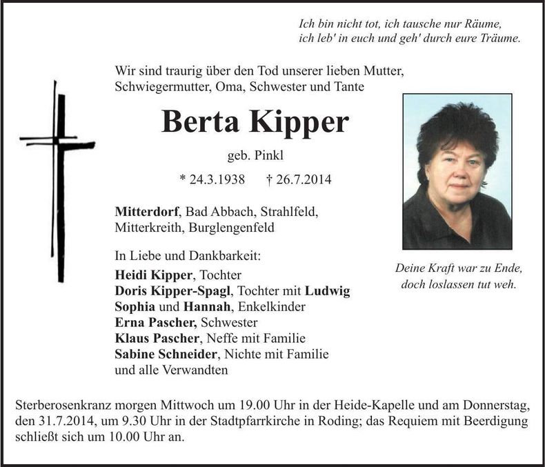 Traueranzeige Berta Kipper